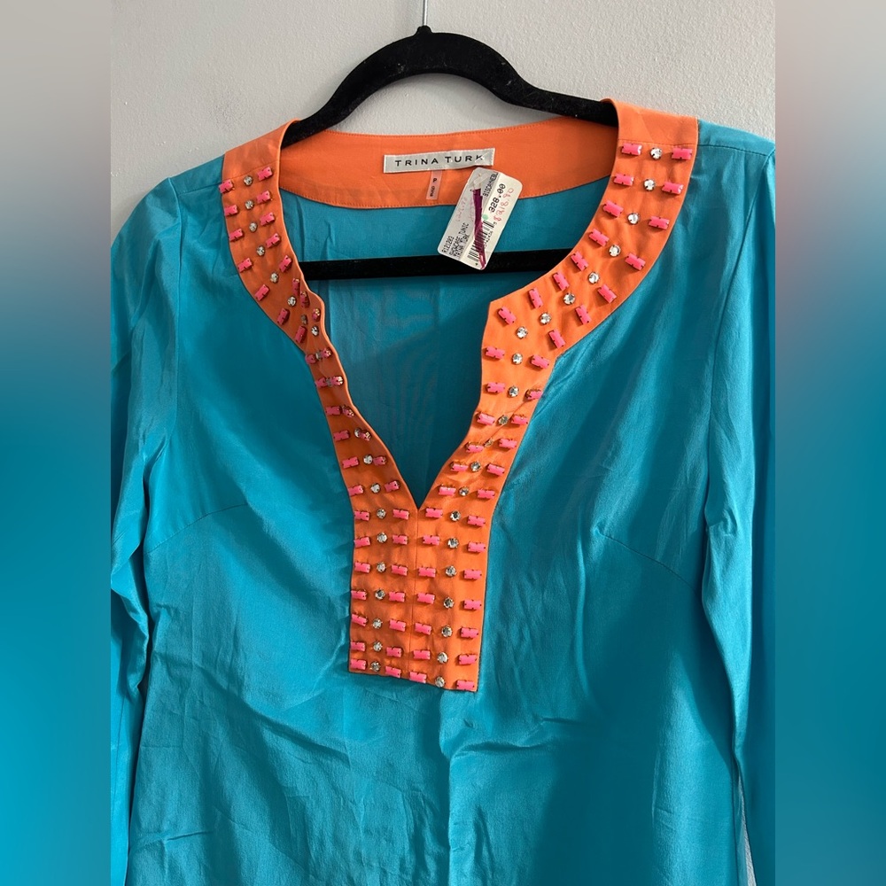 NWT Trina Turk 100% silk beaded blouse tunic top
